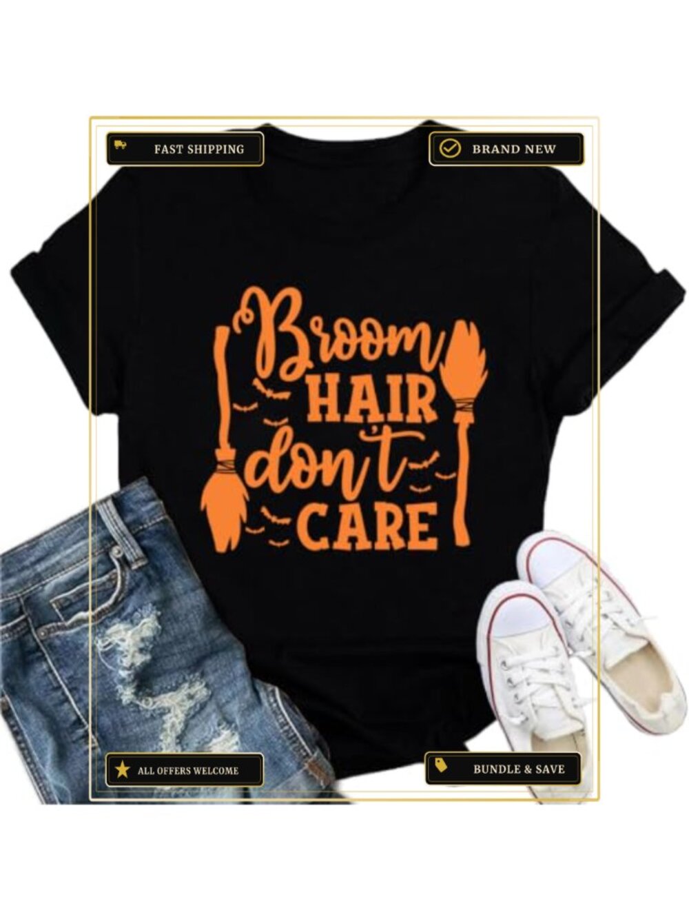 Womens Halloween Witch T-Shirt Broom Hair Dont Care Funny Tee
